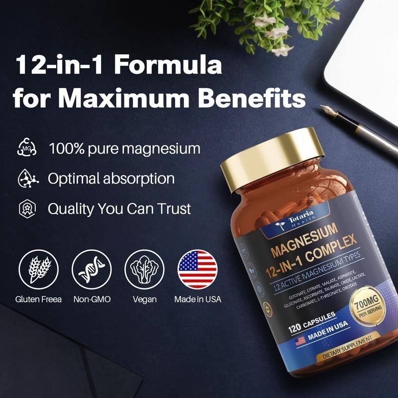 Totaria Health Magnesium 12-in-1 Complex – 700mg | 120 Capsules | Vegan,*Non-GMO