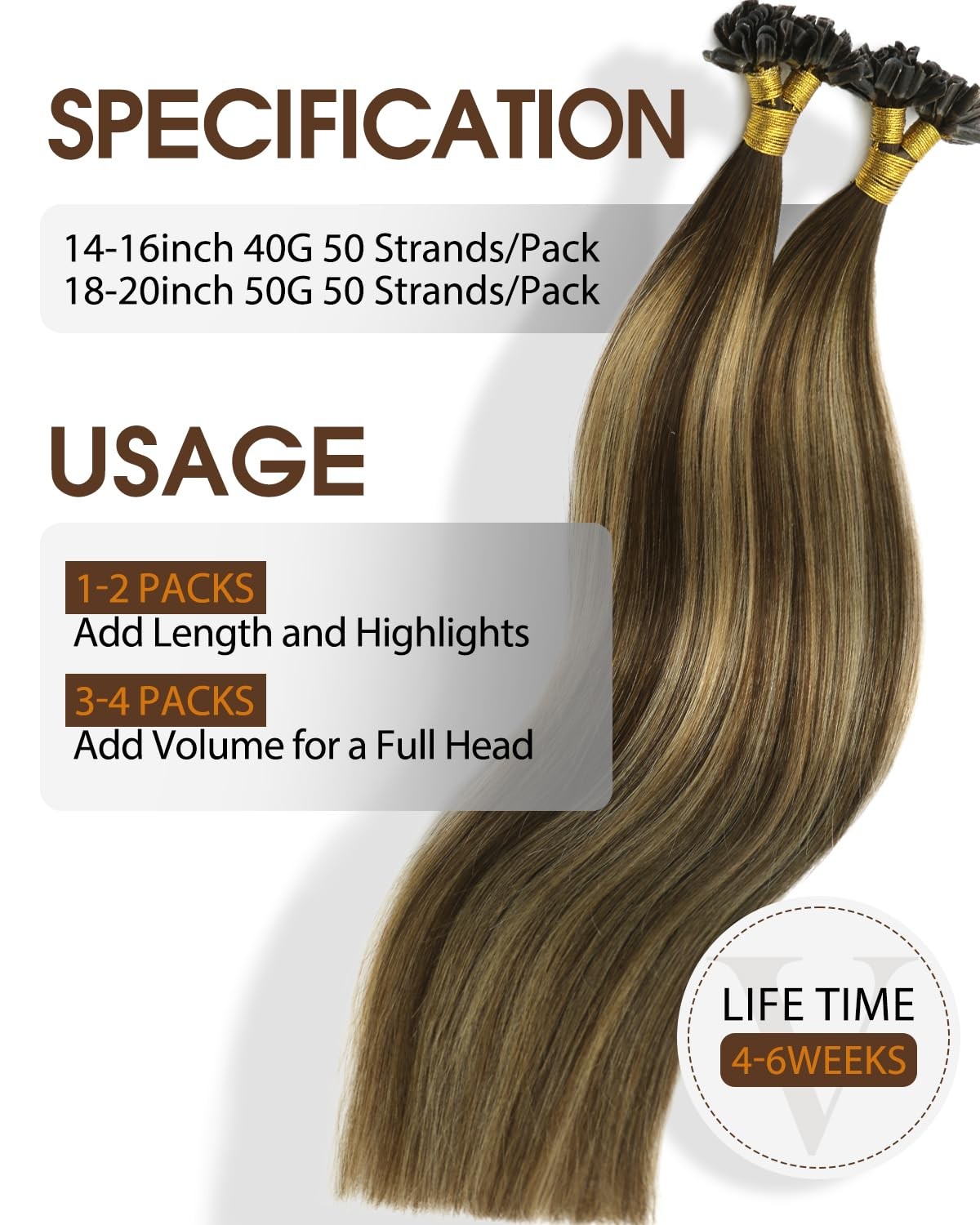 Vinbao U Tip Hair Extensions Human Hair 40G 50S Dark Brown Balayage Caramel