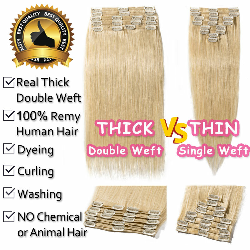 Thick Double Weft Seamless Clip In Real Remy Human Hair Extensions Full Head USA