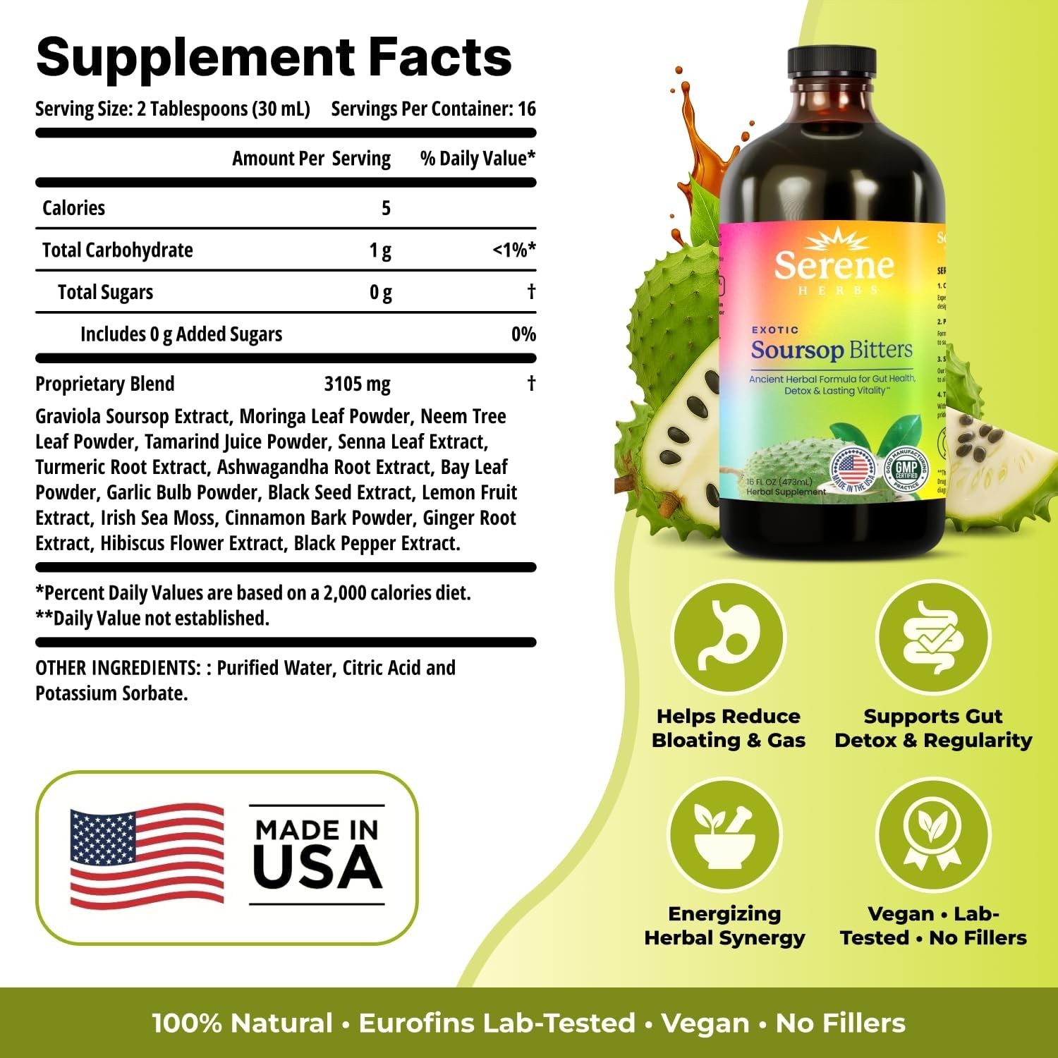 Exotic Soursop Bitters, 100% Pure Natural Organic Detox Herbs 16 oz