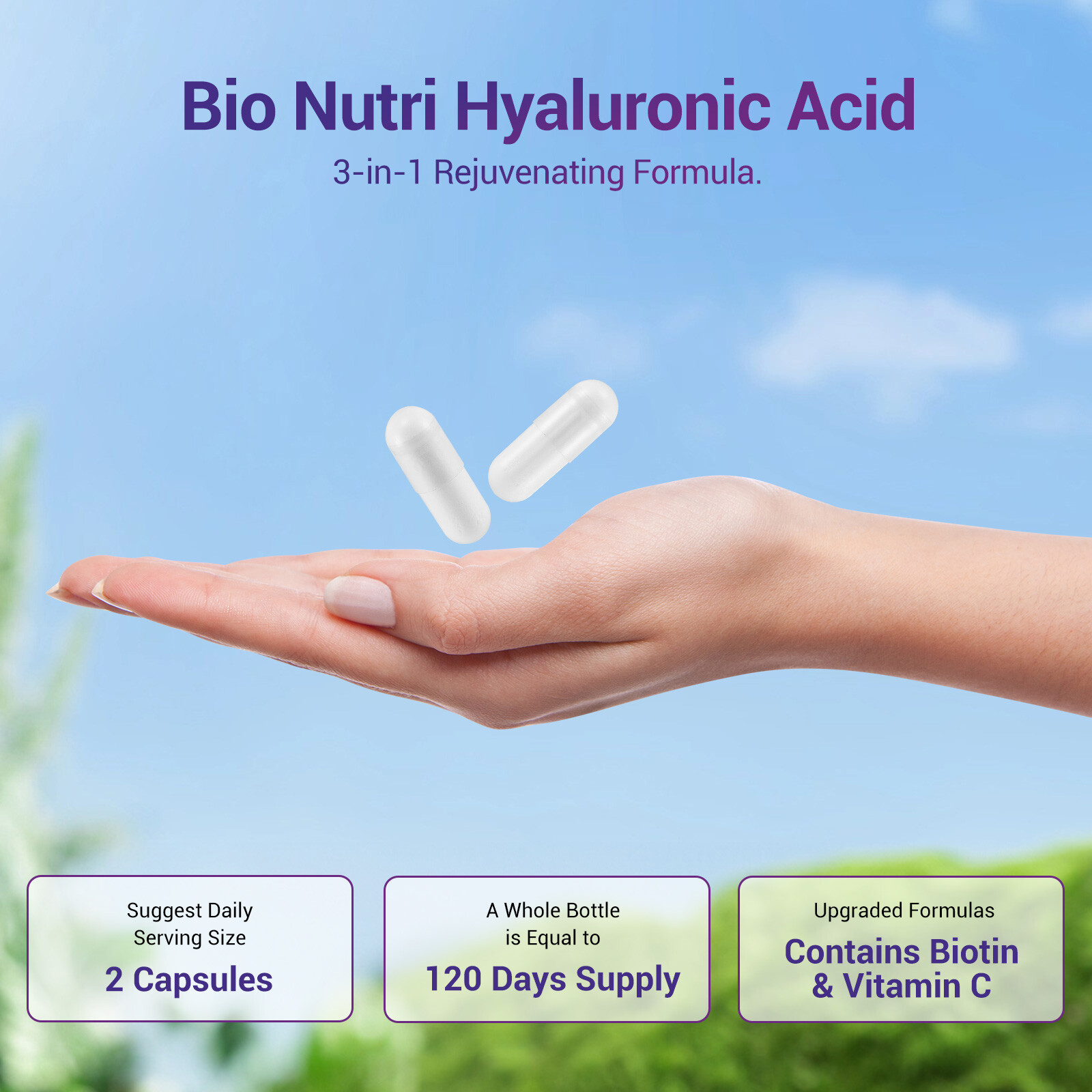 Hyaluronic Acid Capsules | 250mg | 240 Capsules| Non-GMO | by BIO NUTRI