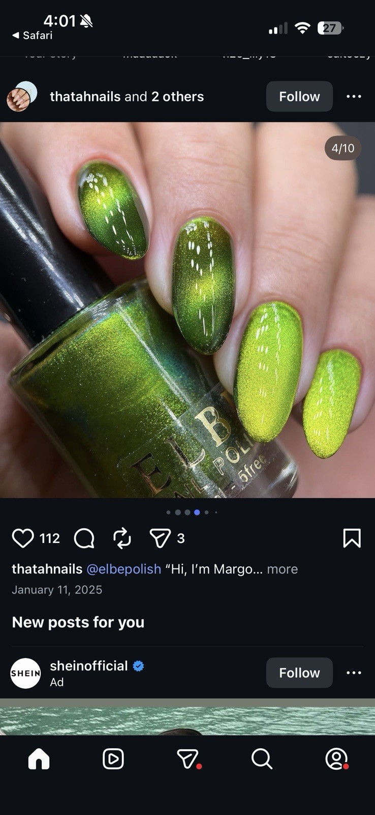 ELBE indie nail polish HHC 01/2025 HI, IM MARGO Duo Flakes GREEN Iridescent Jely