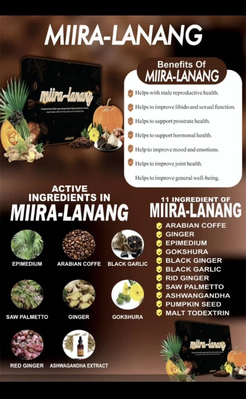 1 Miira Lanang coffee for men supports prostate and sexual health. 40 sachets