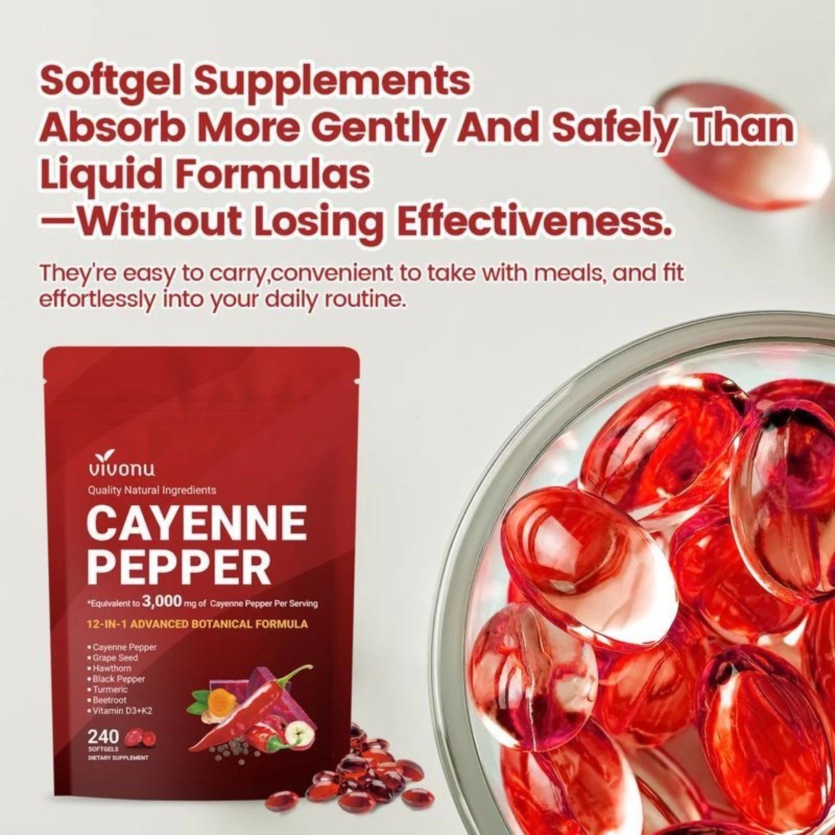 Cayenne Pepper + D3/K2 Softgels–240 Count,Supports Heart,Liver Detox&Metabbolism