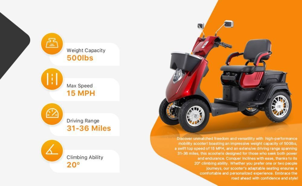 1000W 4-Wheel Heavy Duty Adjustable 2-Seat Electric Power Mobility Scooters