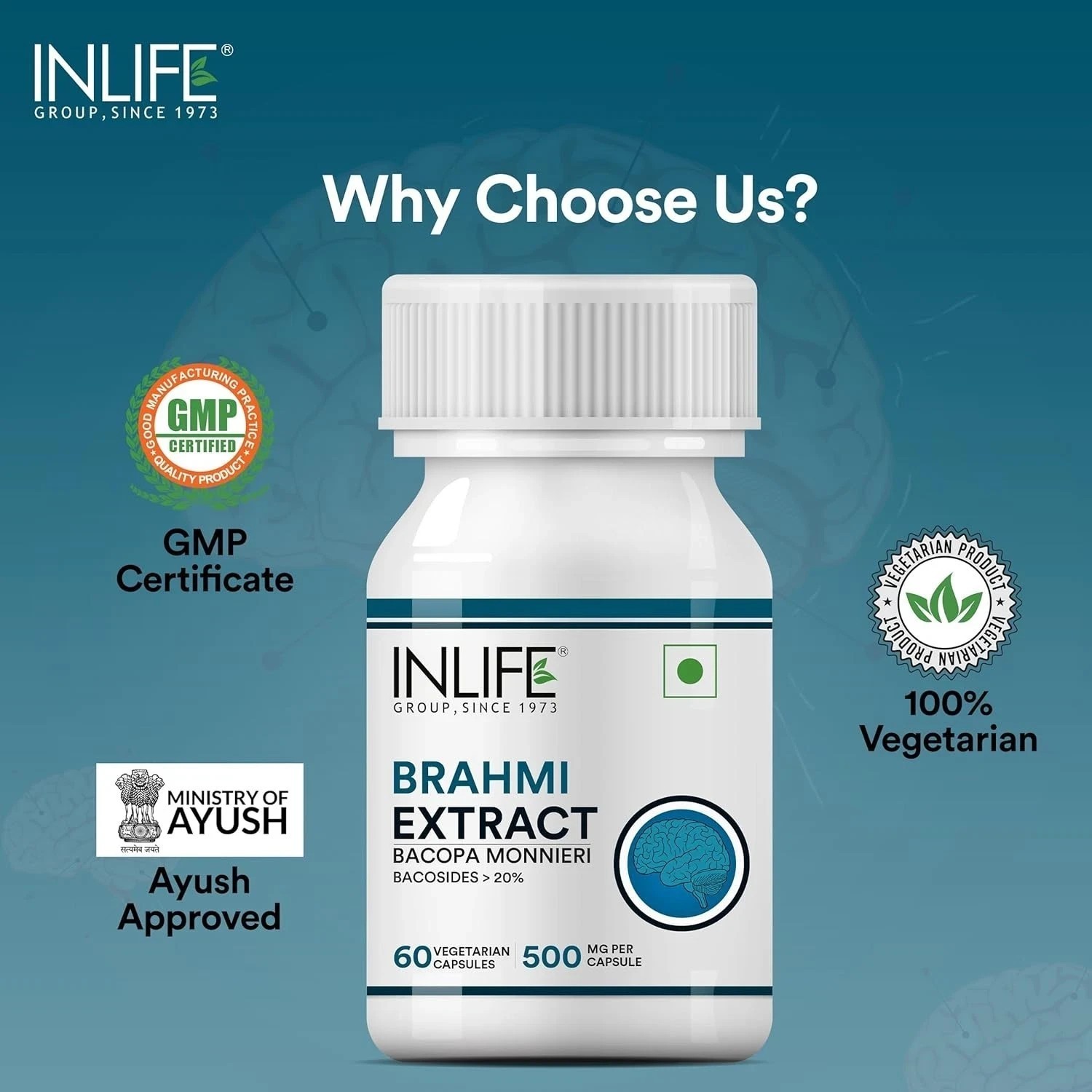 INLIFE Brahmi Capsules 500mg | Bacopa Monnieri Extract – 60 Vegetarian Capsules