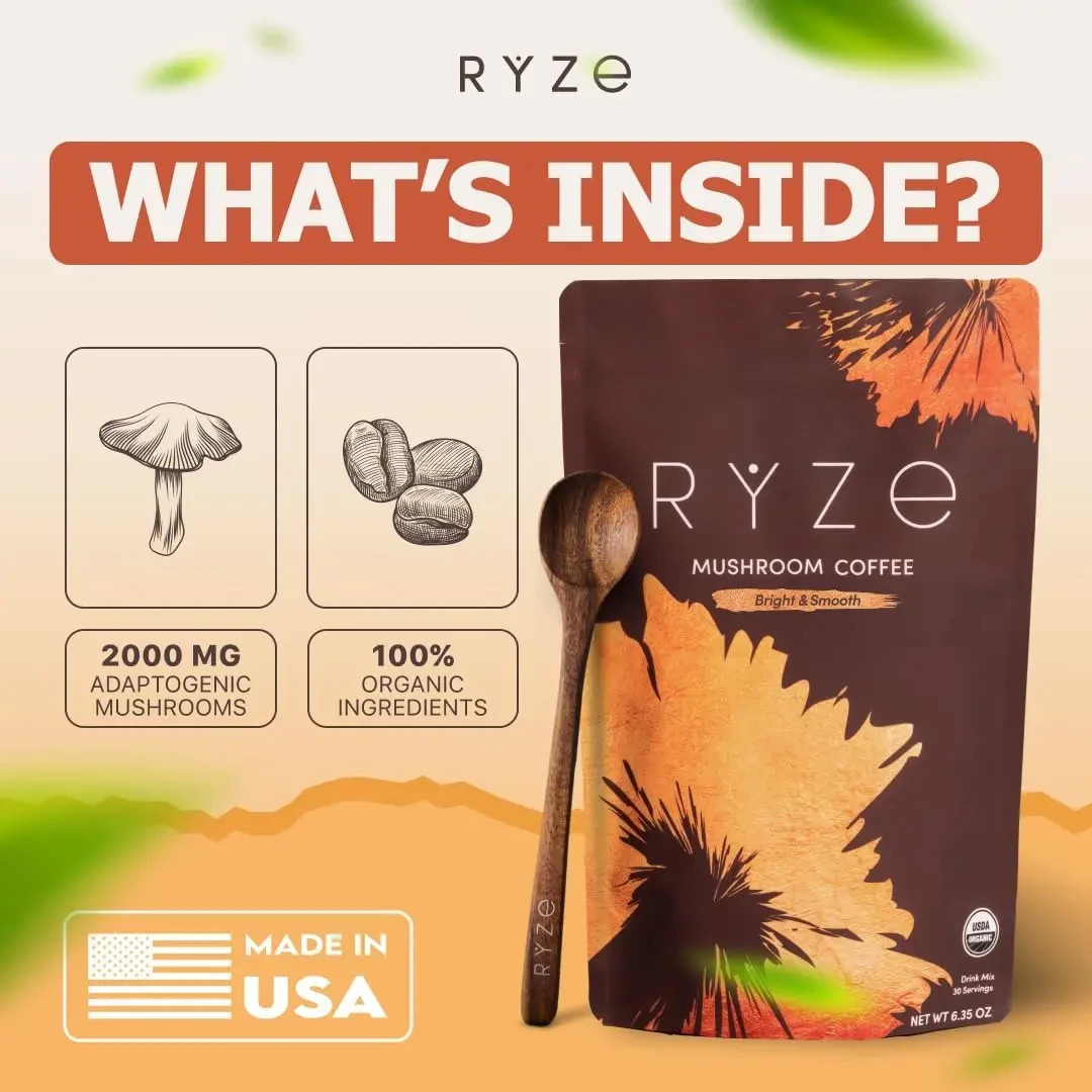 RYZE Mushroom Coffee USDA Organic with 6 AdaptogenicMushrooms and MCT Oil.
