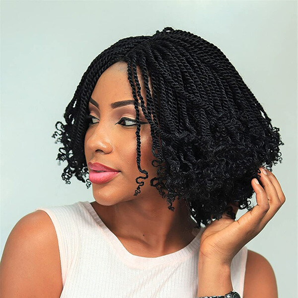 Short Bob Twisted Braids Wig Curly Black Wigs Synthetic Braided Wigs None Lace
