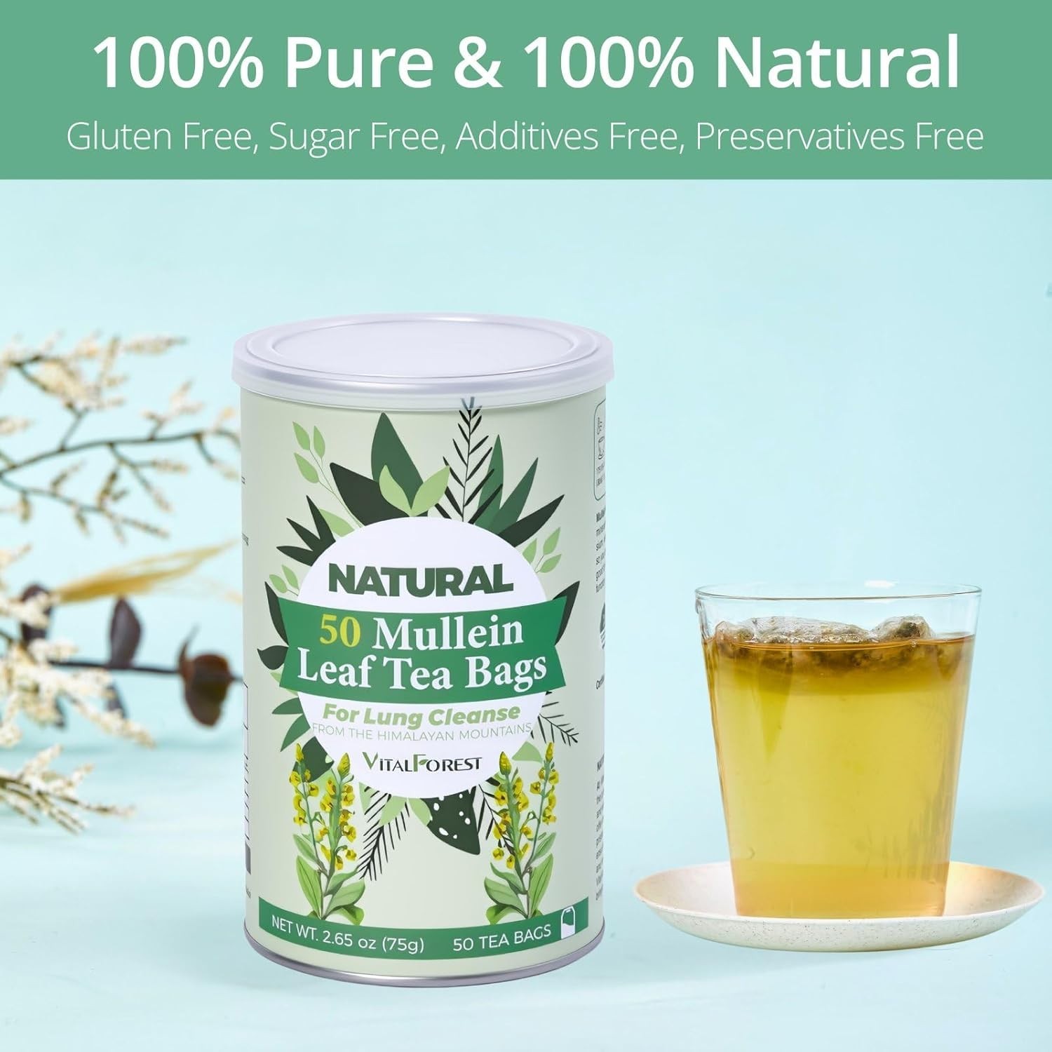 50 Mullein Tea Bags for Lungs, VitalForest 100% Pure Mullein Leave Tea.