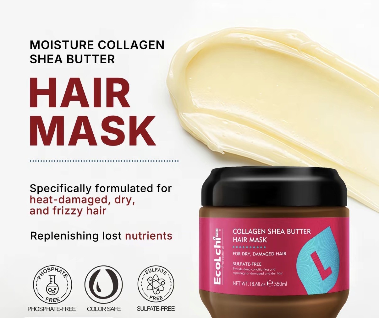 ECOLCHIPRO 18.6oz Collagen Shea Butter Hair Mask Deep Repair for Dry Hair