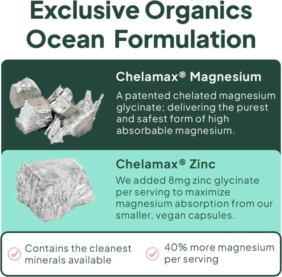 Organics Ocean Pure Magnesium Glycinate Zinc Strength Chelated 30 Capsules US