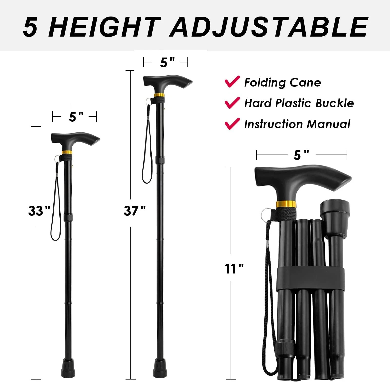 Walking Cane, Folding Cane for Man & Women, Portable Lightweight | 11″, Black