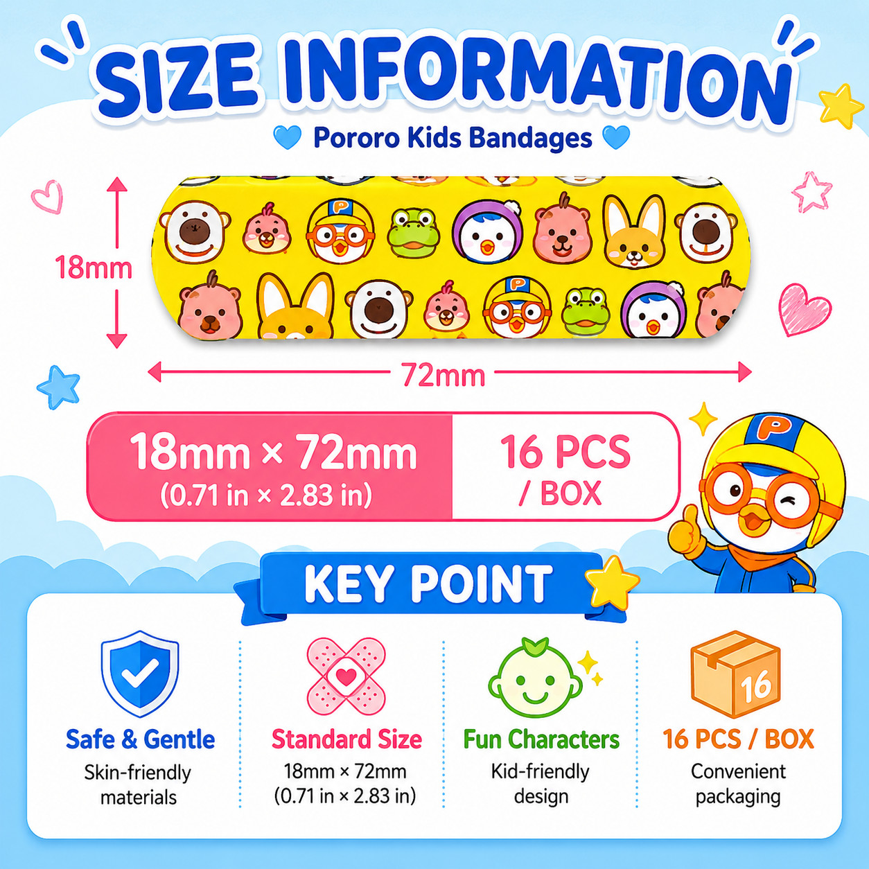 Pororo Kids Bandages 10 Boxes 160PCS Standard Size Adhesive Bandages Cute