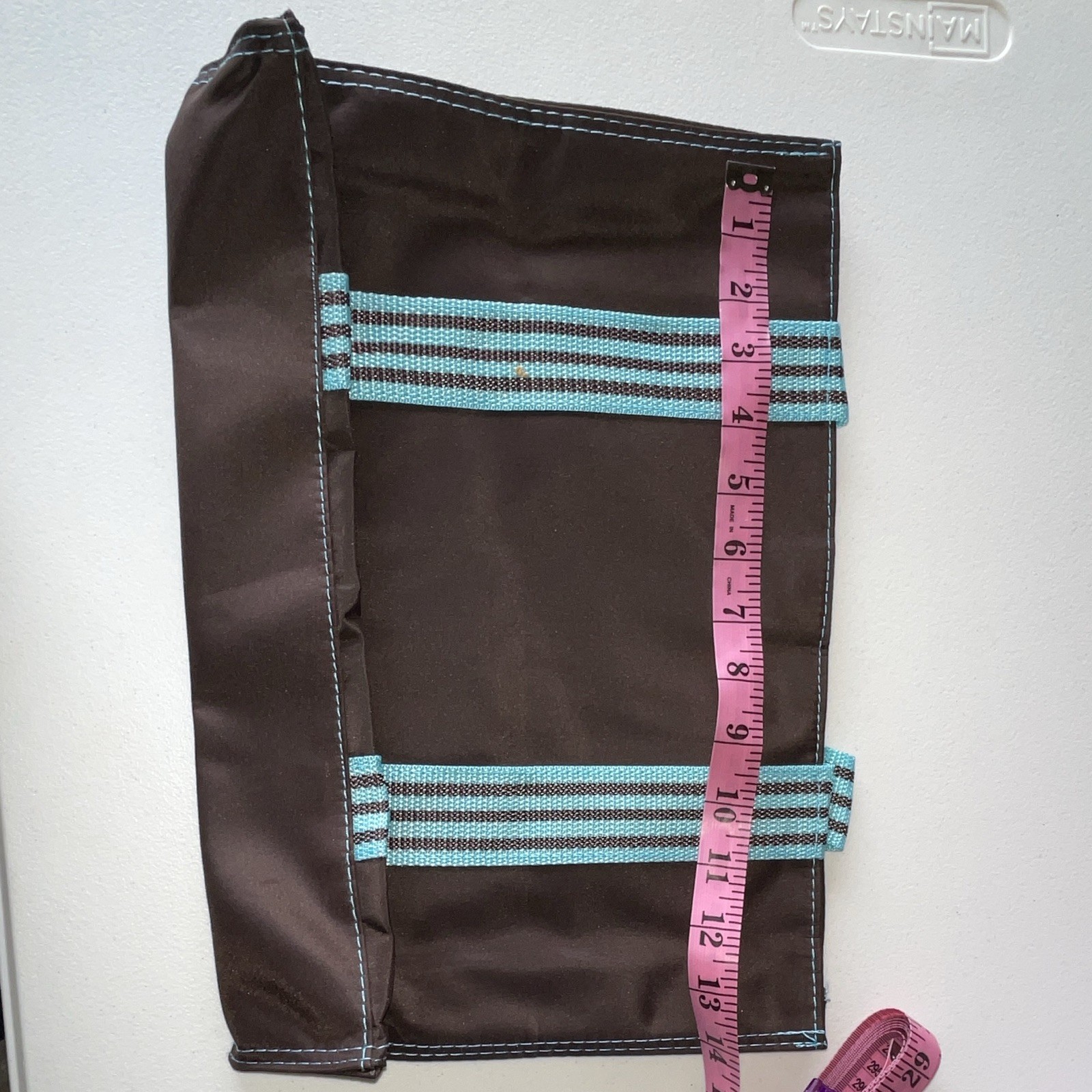 Brown Blue Striped Makeup Bag w/ Pockets Snap Closure 11 x 13 in