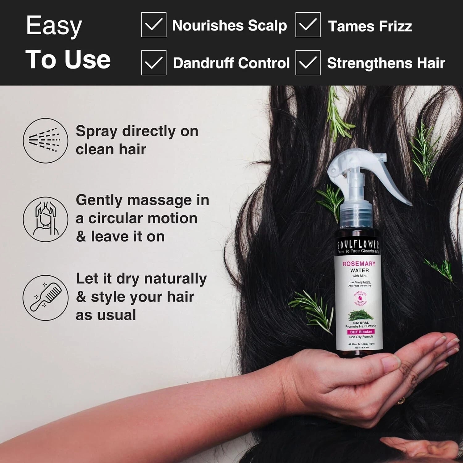 Soulflower Rosemary Water spray with mint| For Hair growth, Hair fall control, S
