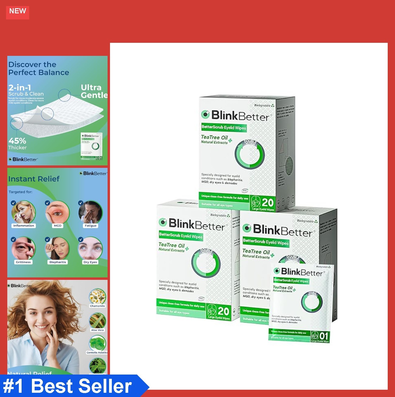 Eyelid Wipes 60 Count Pack of 3 Tea Tree Oil Blepharitis Dry Eye Relief Dual