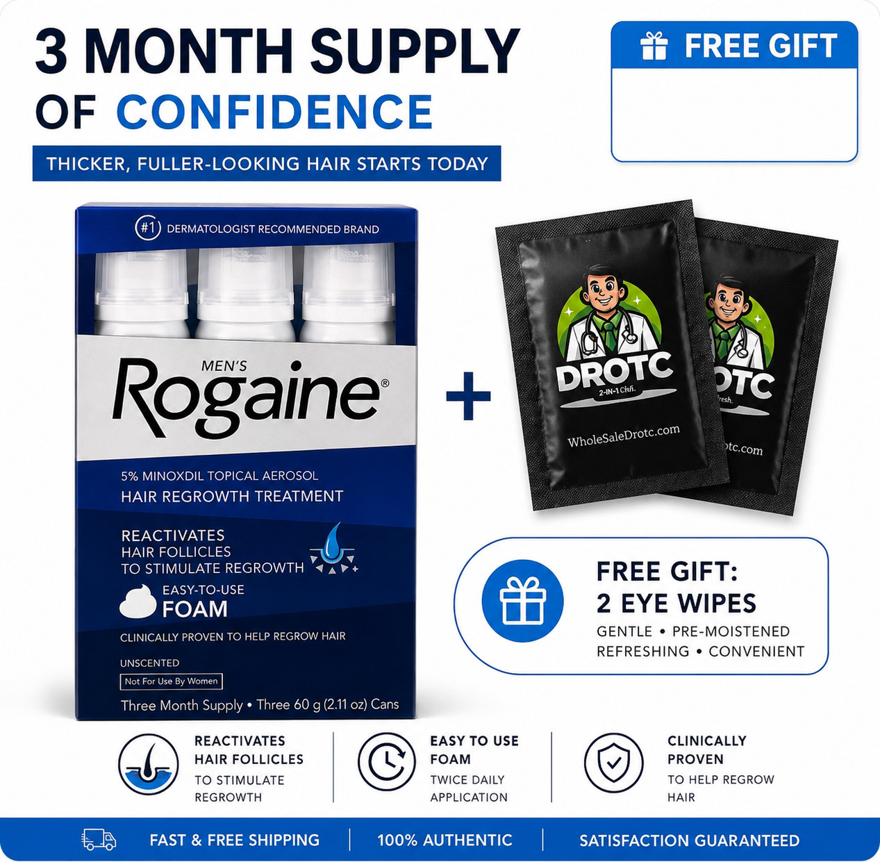 Rogaine Men’s Hair Regrowth Treatment Foam 3 Month Supply – EXP 08/27 Free Gift