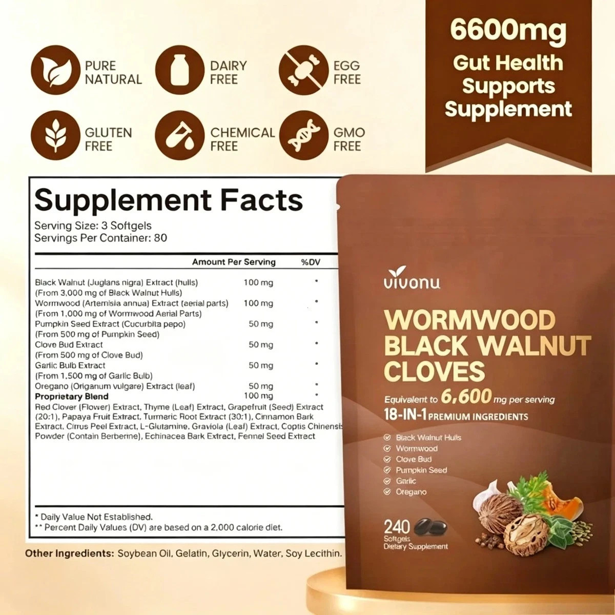 VivoNu Wormwood Black Walnut Cloves–Natural Cleanse & Metabolism, 240 Softgels