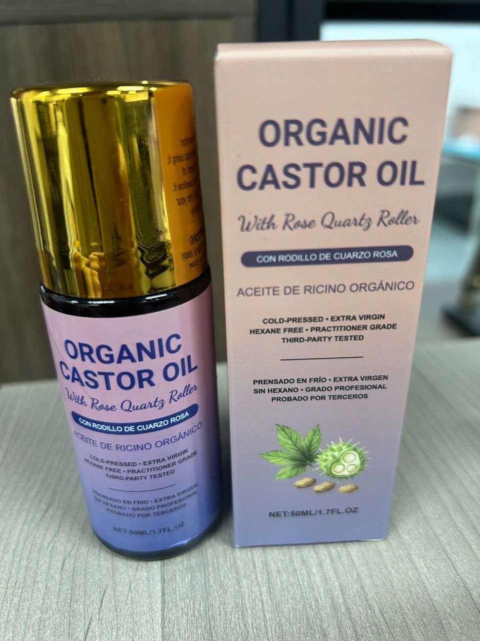 1Bottle Organic Golden Castor Oil Roll-On with Rose Quartz for Skin,Hair&Wrinkle