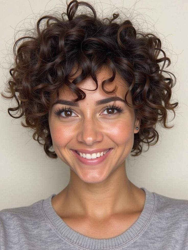 100% Human Hair Short Pixie Cut Dark Brown Curly Wig with Bangs None Lace Wigs