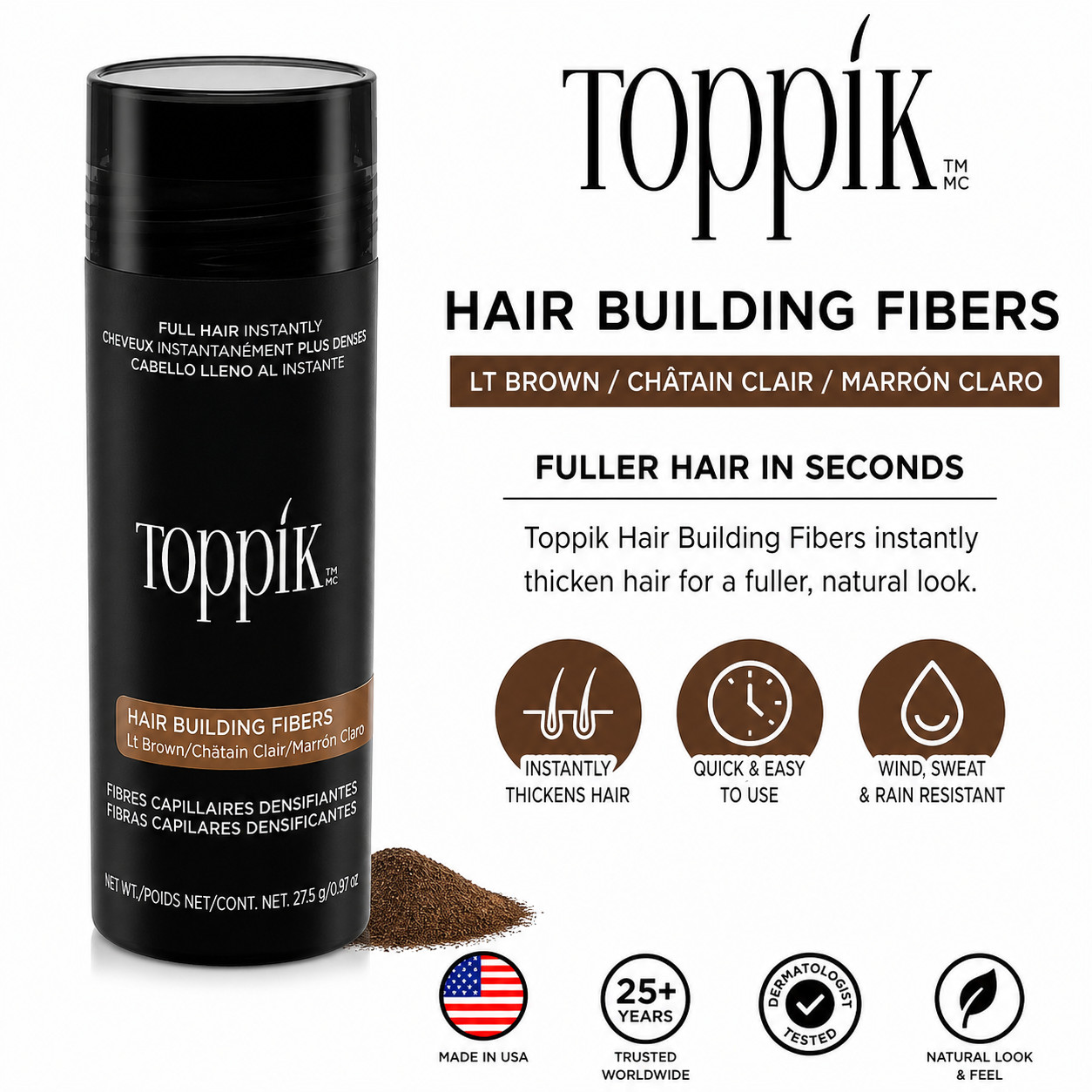 Toppik Hair Building Fibers Black, Dark Brown, Medium Brown , Light Brown 27.5g