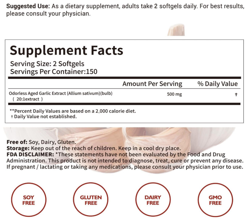 2 Years Aged Garlic Extract Odorless Organic 300 Softgels Heart Immune Support