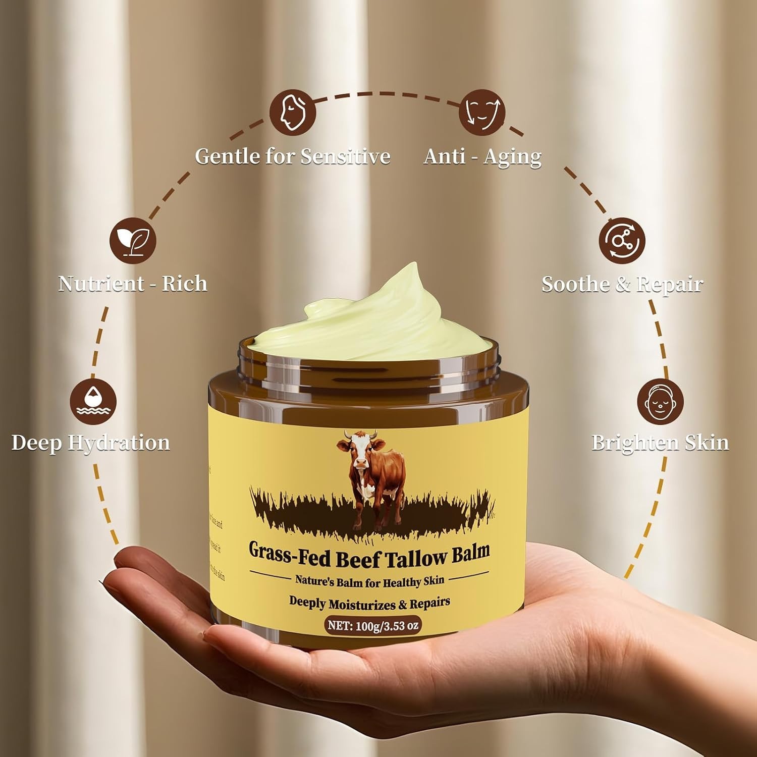 Grass Fed Beef Tallow Honey Balm Face Body Cream Moisturizer 3.53oz