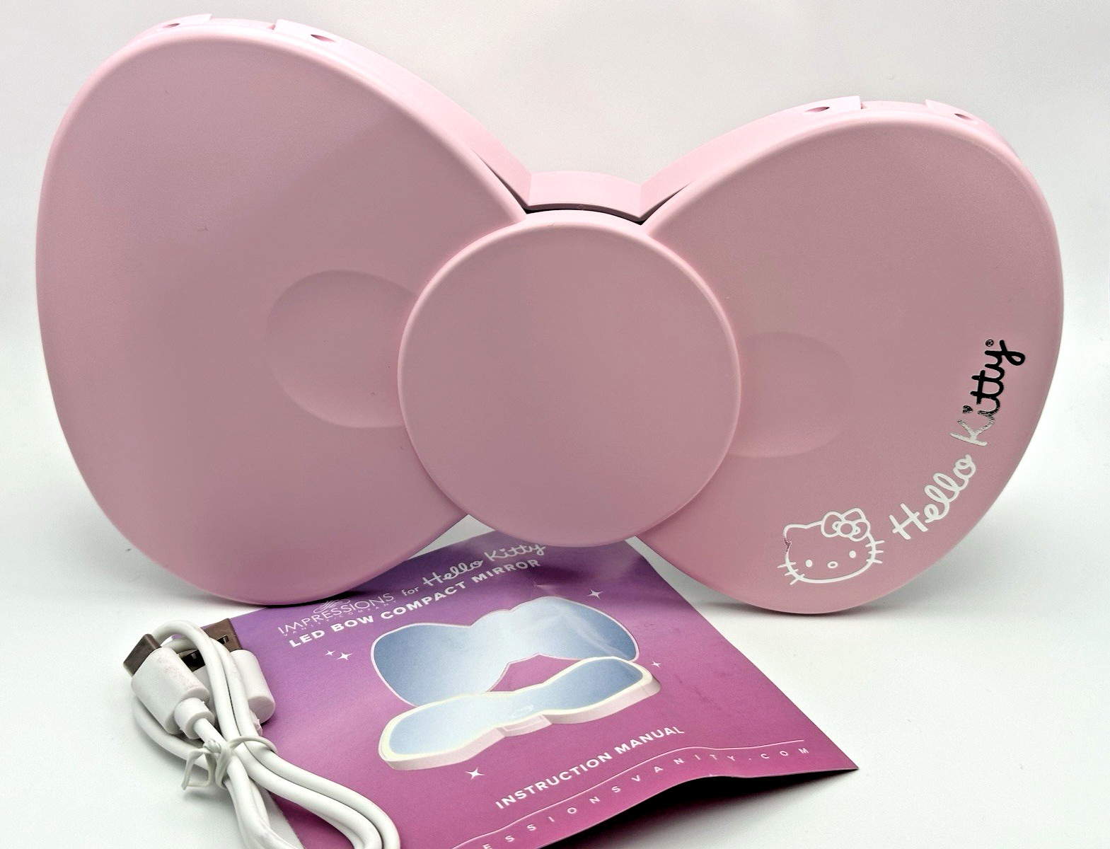 Hello Kitty Handheld LED Mirror- Pink Bow -Rechargeable battery 3 temp Large NIB