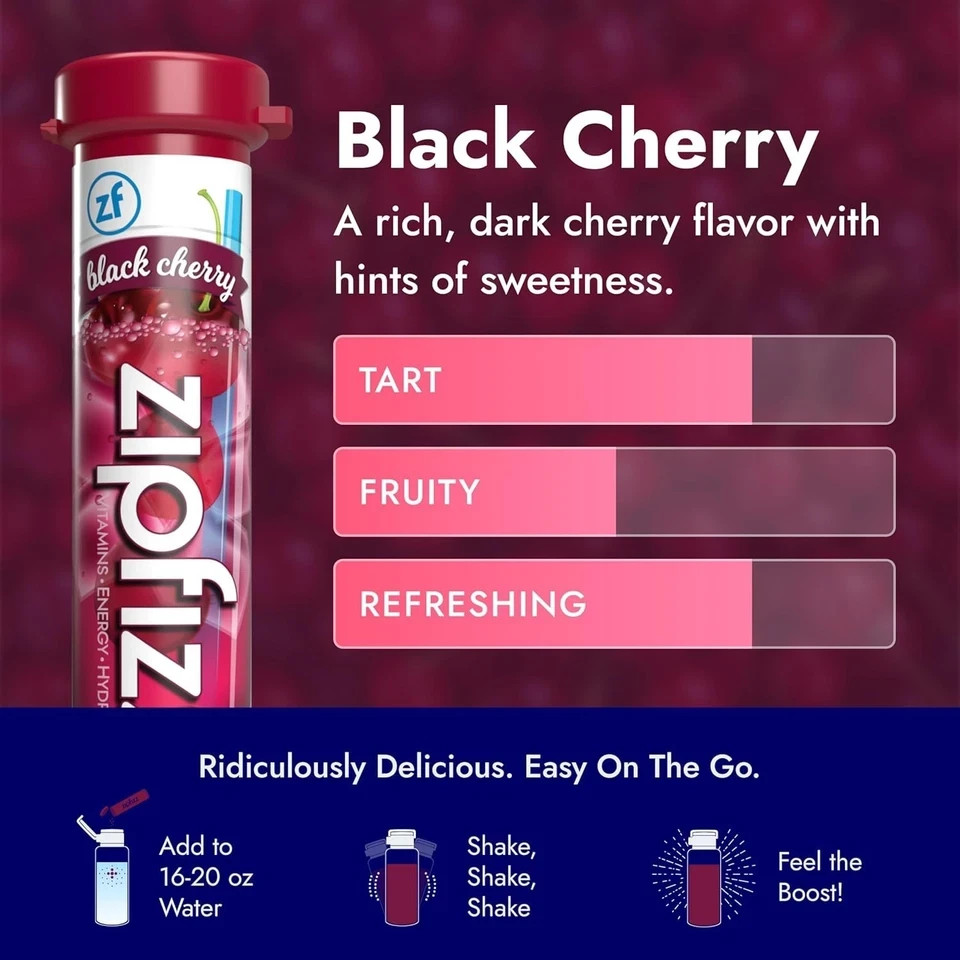 Zipfizz Daily Energy Drink Powder, Black Cherry, 20 Pack 3-in-1 Sustained Energ