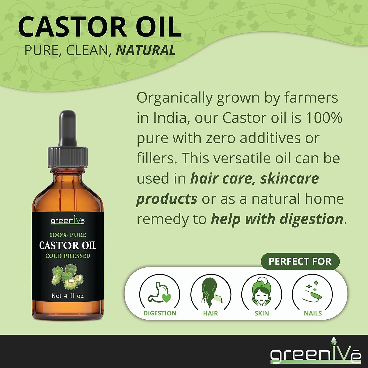 100% Pure Castor Oil – Cold-Pressed, Hexane-Free – Hair, Eyebrows, Eyel