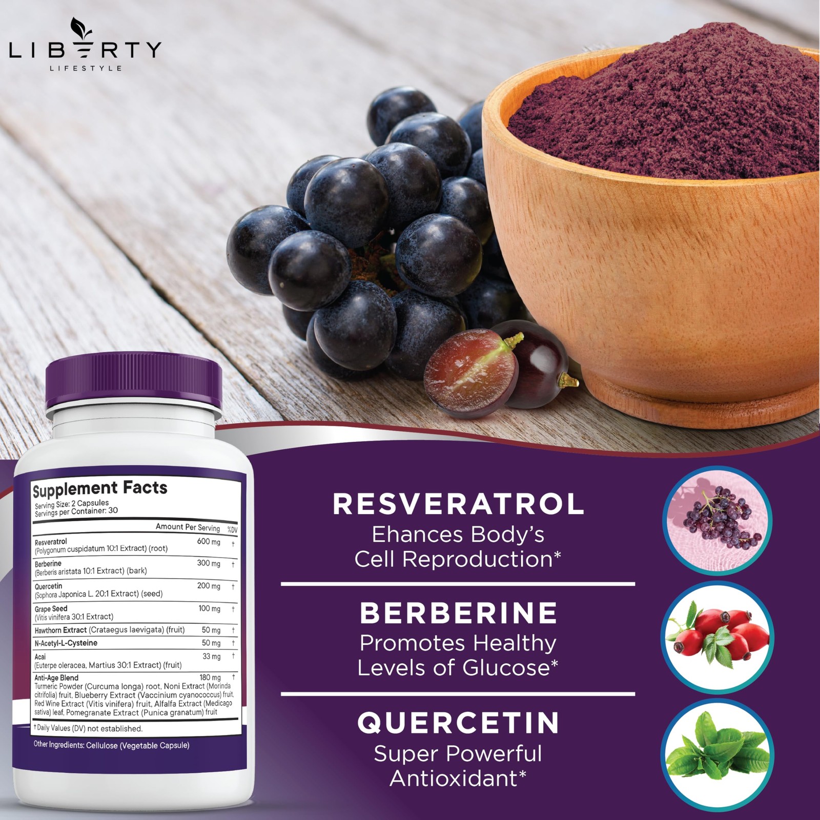 Liberty Lifestyle Resveratrol, Berberine, Grape Seed 60 Count (Pack of 3)